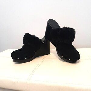 Vince Camuto Black Suede Studded Fur Clogs with 4" Wedge Heel